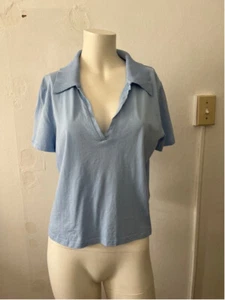 Womens Zara baby blue cropped polo collared v neck pullover Shirt top M - Picture 1 of 6
