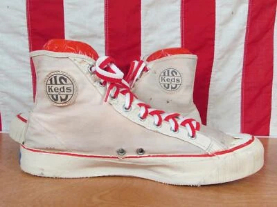 Vintage 1940s US Keds White Canvas Basketball Sneakers High Top Gym Shoes Sz 9.5 - Image 1 of 4
