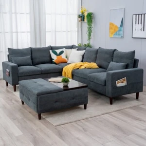 6 SEATS LINEN FABRIC LARGE CORNER SOFA SETTEE - SECTIONAL SOFA FOR LIVING ROOM - Picture 1 of 7