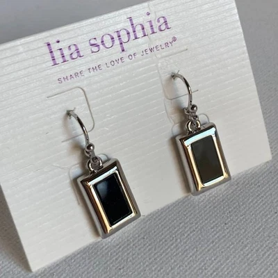 Earrings Lia Sophia New On Card Silver Tone and Black Enamel Rectangle Dangles - Image 1 of 3