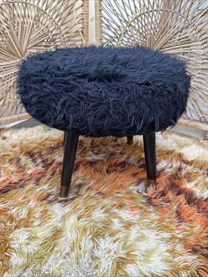 Vintage Foot Stool Black Fluffy Covered Stool Retro Dansette Legs - Image 1 of 4