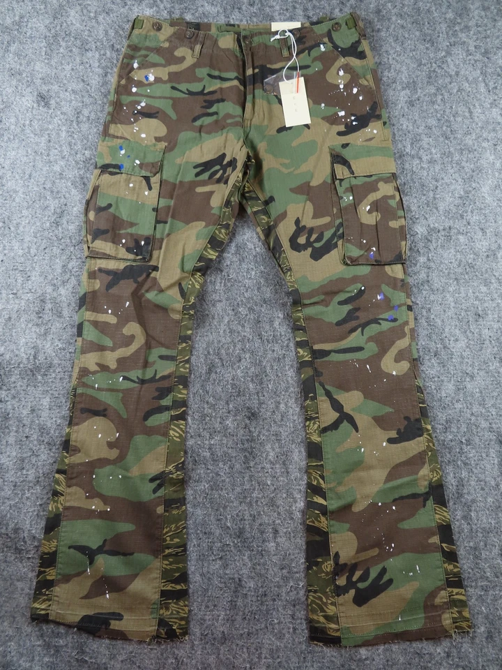 Mnml Pants Mens 36 Camo Paint Splatter Bootcut Cargo Ripstop Flare Raw Hem NEW - Image 1 of 4