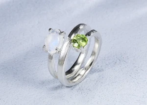 N09 Anillo Piedra Luna Piedra de Junio y Peridoto Plata de Ley 925 Ajustable - Imagen 1 de 4