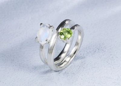 N09 Ring Mondstein Stein des Juni und Peridot Sterling Silber 925 verstellbar - Bild 1 von 4
