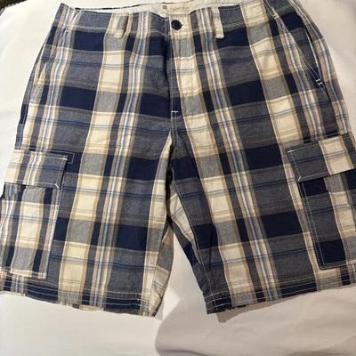 GAP Mens Chino Shorts Blue Plaid Check W34 Zip Fly Flat Front SIZE Waist 34" - Image 1 of 4