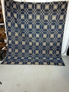 antique 1800s overshot coverlet indigo blue large 86x90 original 19th c - Picture 1 of 7