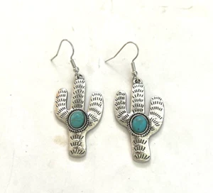 PENDIENTES GANCHO COLGANTE CACTUS PLATA TIBETANA AZUL TURQUESA ESTILO SUROESTE EH718 - Imagen 1 de 1