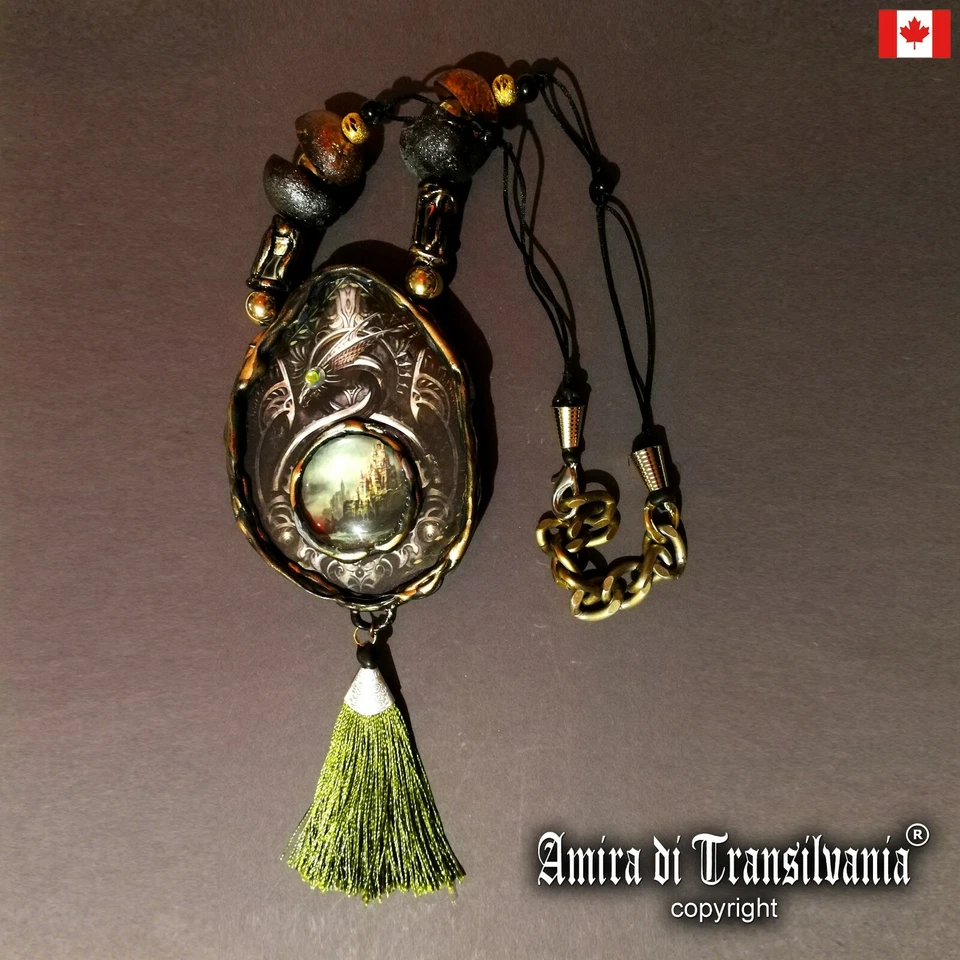 Gothic Jewelry Necklace Pendant Woman Men Black Dragon Medieval Castle Cabochon — 第 1/4 张图片