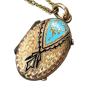 Antique Victorian 1800’s Taille D'epargne Photo Locket Enamel Necklace - Picture 1 of 8