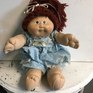 Vintage Cabbage Patch Doll Girl Brown Hair Blue Flower Dress - Picture 1 of 6