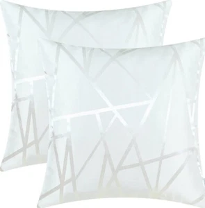 Pr 18 x 18 WHITE SATIN POLYESTER GEOMETRIC ABSTRACT LINES PILLOW COVERS #J55 - Picture 1 of 2