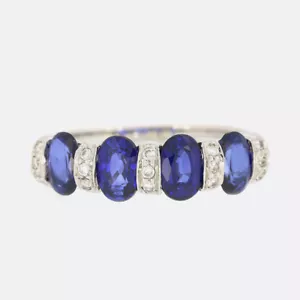 Sapphire Diamond Ring- Oval Sapphire and Diamond Four Stone Ring 18ct White Gold - Picture 1 of 4