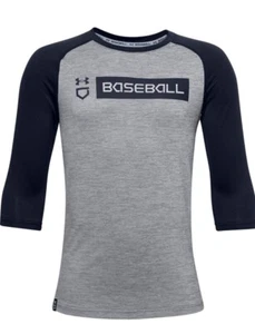 Under Armour Youth Boys Baseball  Shirt 3/4 Sleeve Size YM Loose Fit Grey/navy - Picture 1 of 2