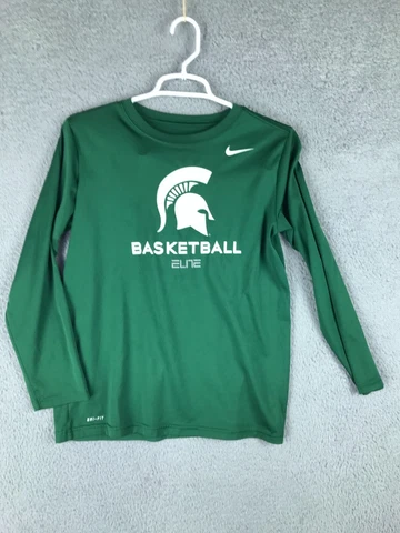Nike Dri Fit MSU Spartans Basketball Elite Long Sleeve Pullover Green T Shirt L Cover