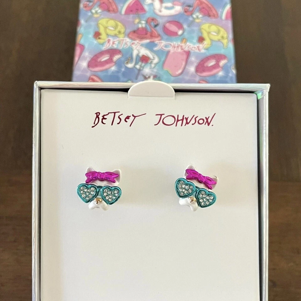 Betsey Johnson Gold Tone White Dog With Sunglasses and Pink Bow Stud Earrings