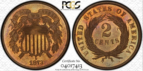 1873 PCGS & CAC PR66RB 2 Cent Piece Open 3 Cover