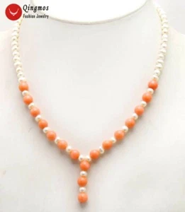 5-6mm Natural White Pearl Necklace for Women & Pink Coral Pendant Necklace 17'' - Picture 1 of 4