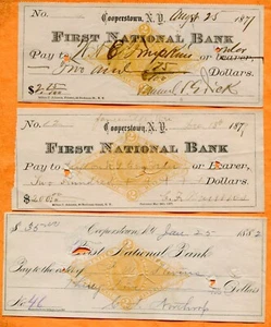 Cooperstown, NY, First National Bank, 1877-82 assegni timbrati delle entrate 3 pezzi - Foto 1 di 3