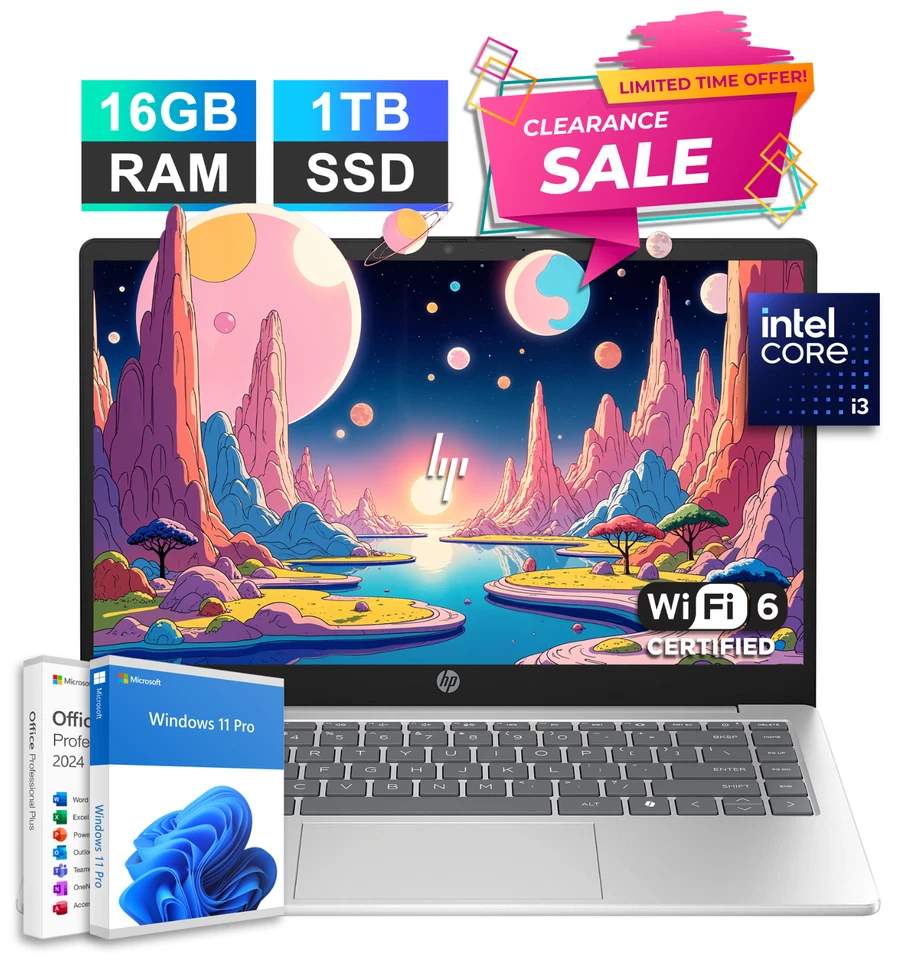 2025 HP Laptop Computer 14" 8-Core Intel i3 Upto 3.80 GHz 16GB RAM 1TB SSD Pro - Image 1 of 4