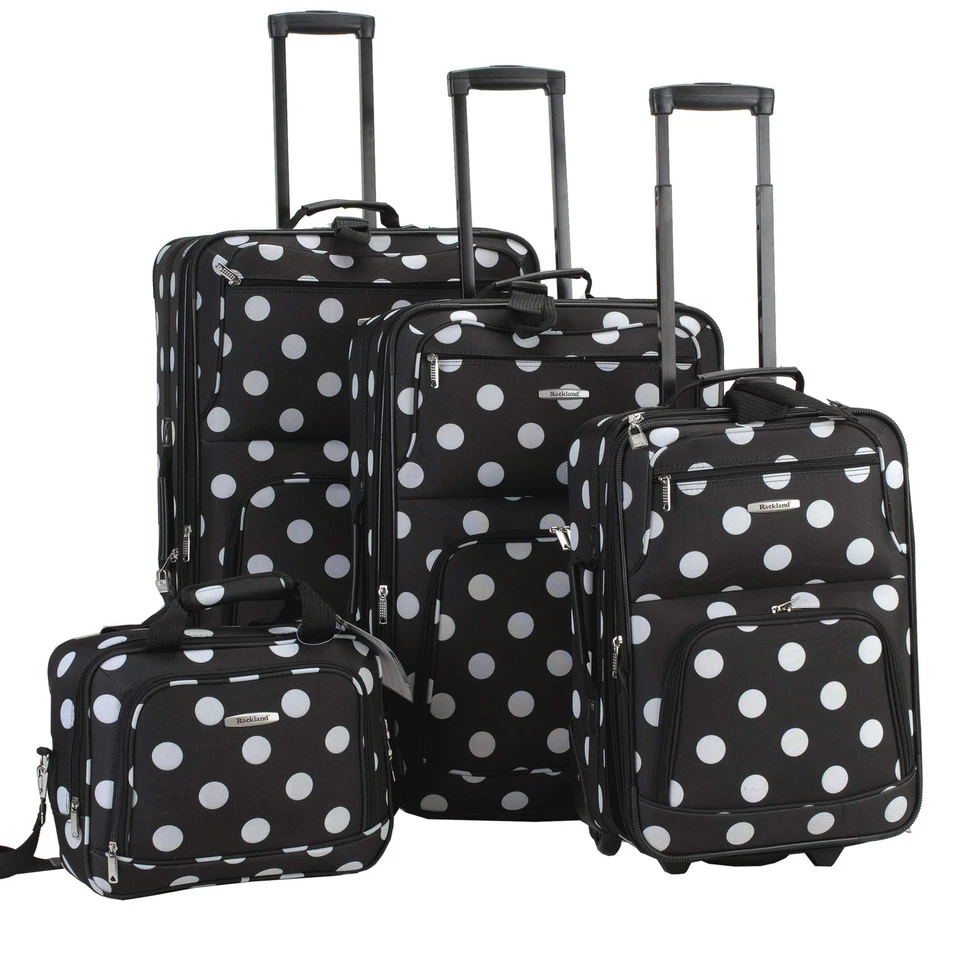 Rockland Luggage Set 4pc Rolling Softcase Expandable Black White Polka Dots