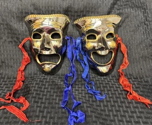 Vintage MCM Solid Brass Theater Drama Tragedy & Comedy Mask Wall Hang Decor 7” - Picture 1 of 14