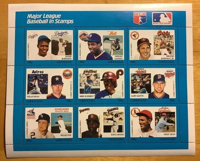 1980s Grenada MLB Legends 30c Stamp Sheet Jackie Robinson Nolan Ryan 7 H.O.F. ‘s - Image 1 of 2