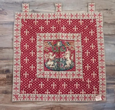 VTG Medieval Lion And Unicorn Wall Hanging Tapestry 34" Goblin Art France Damage - Image 1 of 4
