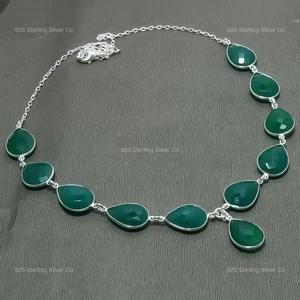 925 Sterling Silver Natural Green Onyx Beaded Elegant Halloween Gift Necklace - Picture 1 of 6