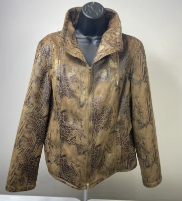 Ruby Rd. Women Brown Gold Black Faux Snakeskin Graphic VTG Bomber Jacket  14. - Image 1 of 4