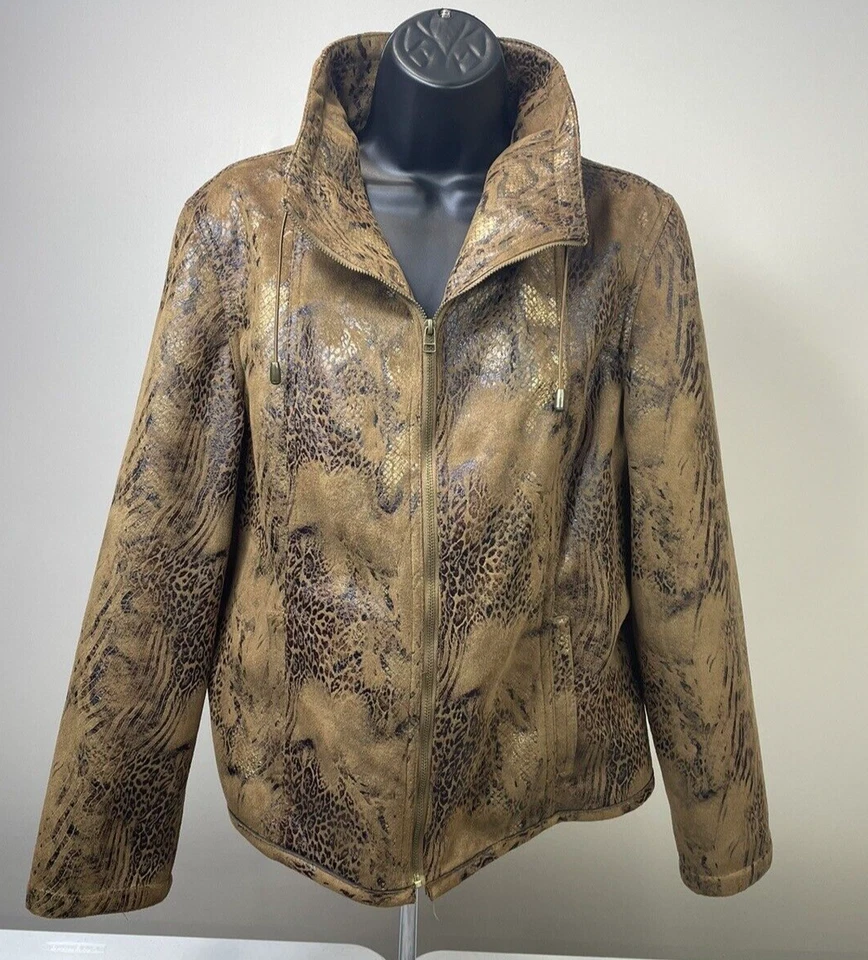 Ruby Rd. Women Brown Gold Black Faux Snakeskin Graphic VTG Bomber Jacket  14. - Image 1 of 4