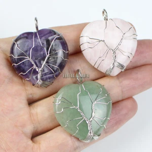 Amethyst Rose Quartz Aventurine Heart Tree of Life Healing Stone Pendant Bead - Picture 1 of 1