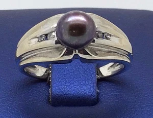 10K WHITE GOLD BLACK PEARL AND DIAMONDS RING - Picture 1 of 11