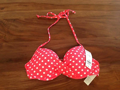 Top de bikini Hollister retorcido push up blanco naranja lunares con corbata M Foto 1 de 4