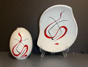 RARE German Pottery Fat Lava Keramik Vase & Plate Set Abstract Shape & Pattern - Picture 1 of 21