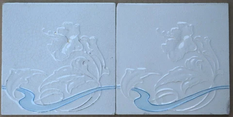 2 ENGLAND ANTIQUE ART NOUVEAU MAJOLICA TILE C1900 Cover