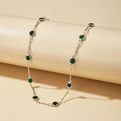 14K White Gold Over 6 Ct Round Cut Lab-Created Emerald Women Choker Necklace 15" - Image 1 of 4