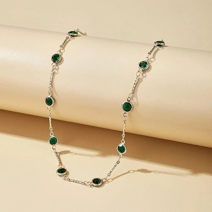 14K White Gold Over 6 Ct Round Cut Lab-Created Emerald Women Choker Necklace 15" - Image 1 of 4