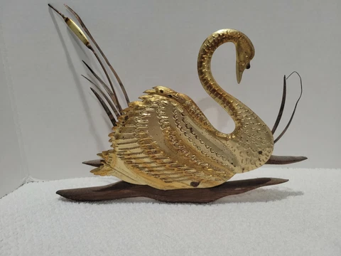Vintage MCM Retro Brass Tin Swan Wall Hanging  Metal frame Cover