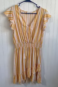 True Craft Dress Womens Large Orange Striped Ruffle Raw Hem V-Neck Short Sleeves - Picture 1 of 13