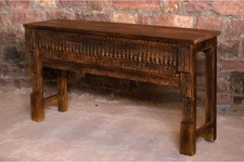 Accent Hall Console Table, Floral Carving Sofa Table, Vintage Rustic Long Table