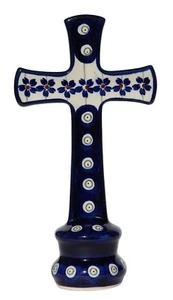 Cruz de pie de cerámica polaca de Zaklady Boleslawiec en patrón floral de pavo real - Imagen 1 de 1