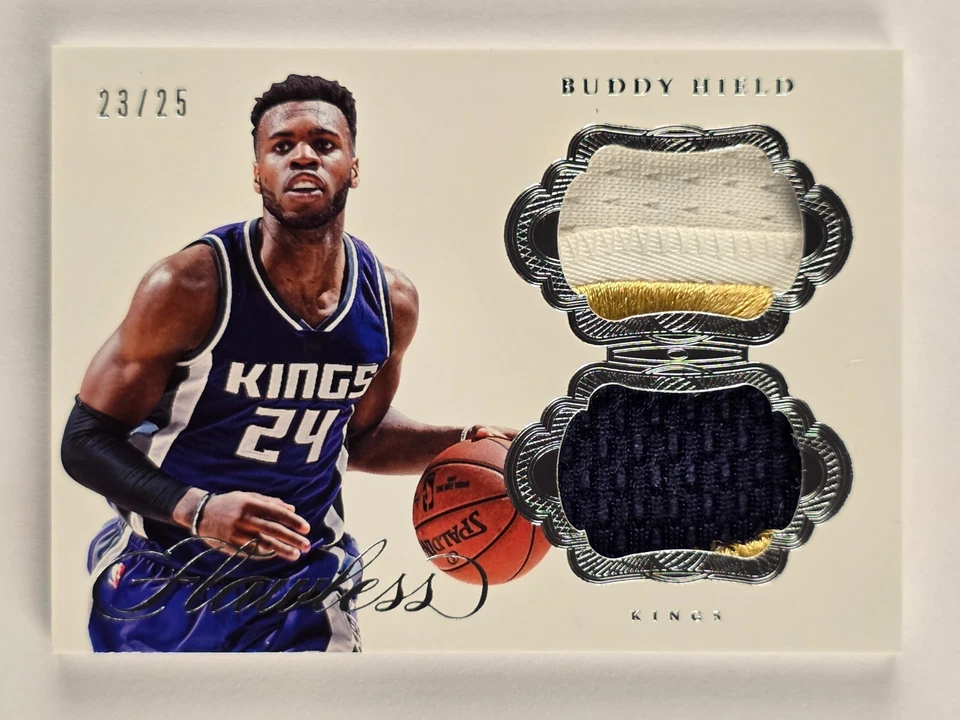 Parche doble Panini Flawless Buddy Hield 2016-17/25 3 colores RC Kings OU Sooners Foto 1 de 2