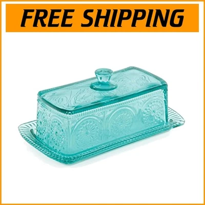 Adeline Teal Glass Butter Dish with Lid - Elegant & Dishwasher Safe Design - Image 1 of 4