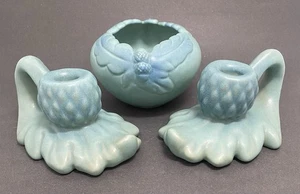 VTG Van Briggle Art Pottery Oak Leaf Acorn Vase 2 Candle Holders Turquoise Blue - Picture 1 of 24