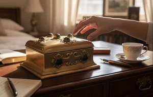 Vintage Brass Trinket Box with Agate Cabochons – Ornate Dome Lid - Picture 1 of 13