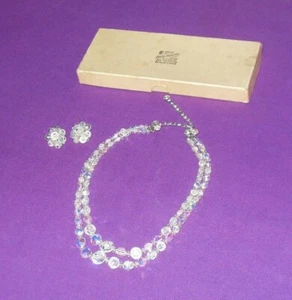 VINTAGE 1940/50s STYLISH DOUBLE GRADUATED AB CRYSTAL NECKLACE & CLIP ON EARRINGS - Picture 1 of 7