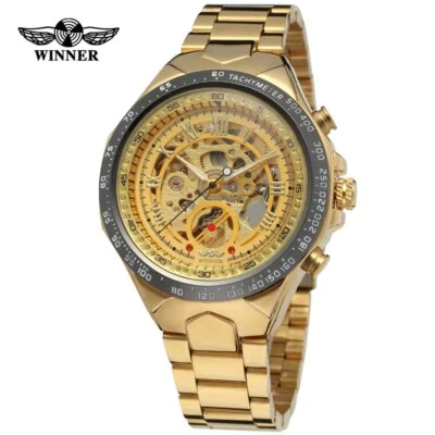 Business Men's Stainless Steel Gold Movement Skeleton Mechanical Automatic Watch - Image 1 of 4