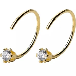 9CT GOLD 12mm CZ CRYSTAL PARTIAL HOOP EARRINGS - 375 - SOLID 9K GOLD + GIFT BOX - Picture 1 of 4