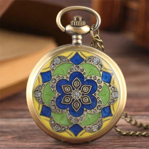 Retro Rhinestones Women Quartz Pocket Watch Necklace Pendant Chain Gifts - Picture 1 of 6