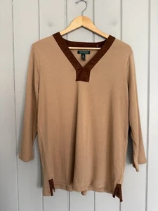 Lauren Ralph Lauren Tan Knit Shirt With Faux Suede Trim 1X Plus Size 3/4 Sleeves - Picture 1 of 5
